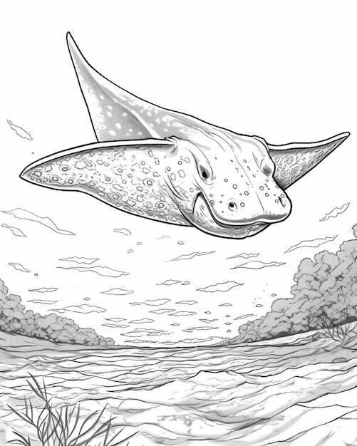 un dessin d'un poisson piquant volant au-dessus d'un plan d'eau génératif ai