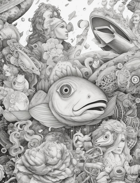 Photo un dessin d'un poisson avec une tête de poisson et un poisson au milieu.