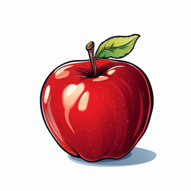 un dessin d'une pomme avec une feuille verte dessus