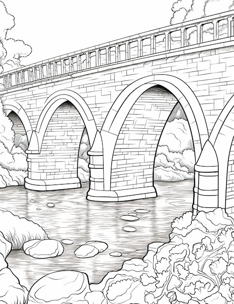 Un dessin d'un pont au-dessus d'une rivière Image AI générative