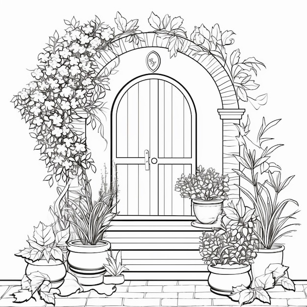 un dessin d'une porte avec des plantes en pot et une passerelle en pierre IA générative