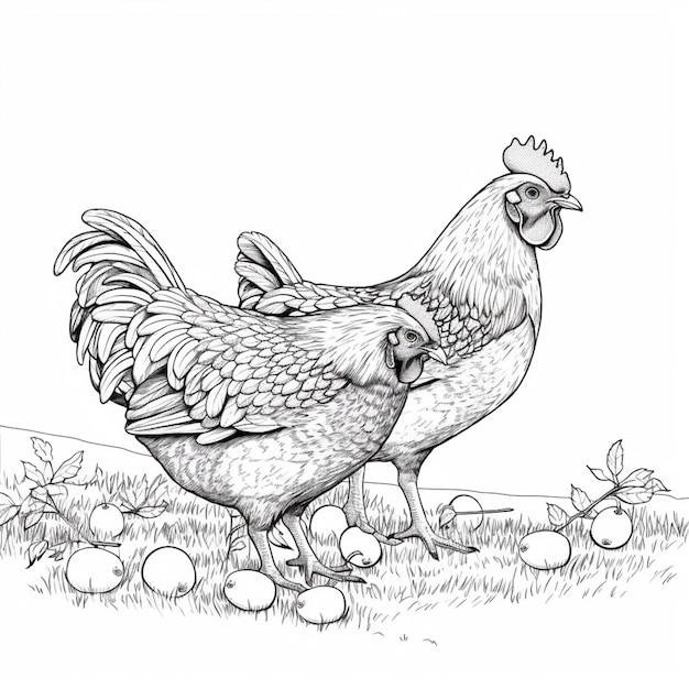 Photo un dessin d'une poule et d'un poulet dans un champ ia générative