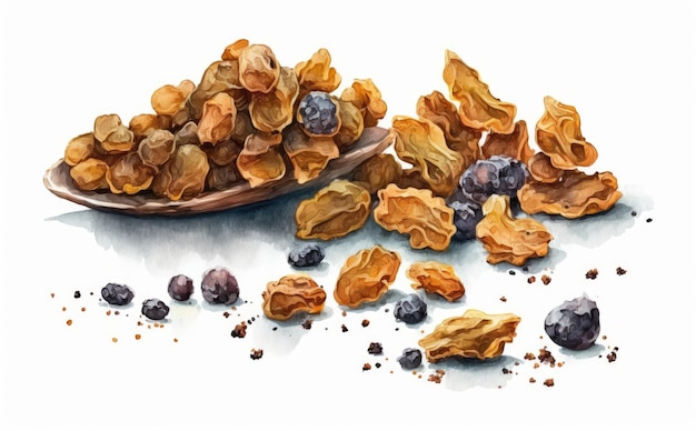 Un dessin de raisins et de raisins secs aquarelle illustrations d'aliments biologiques ai généré