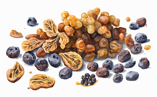 Un dessin de raisins et de raisins secs aquarelle illustrations d'aliments biologiques ai généré