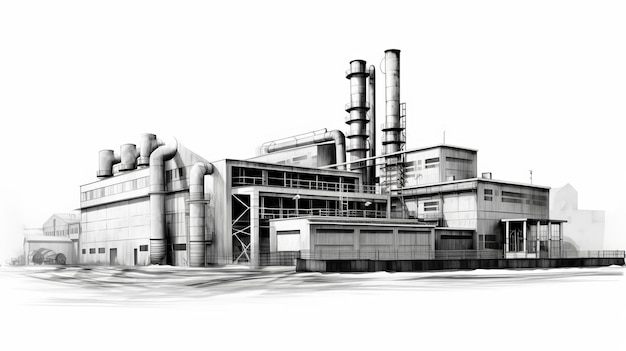 Un dessin réaliste d'une usine industrielle en noir et blanc