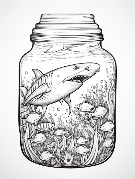 un dessin d'un requin dans un pot avec du poisson à l'intérieur de l'ai génératif