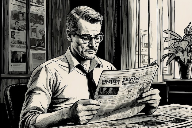 Dessin rétro à la main de l'homme lisant le journal dessin à l'encre vintage