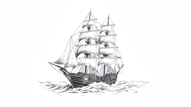 Photo dessin rétro d'un voilier de navire pirate gravé à la main