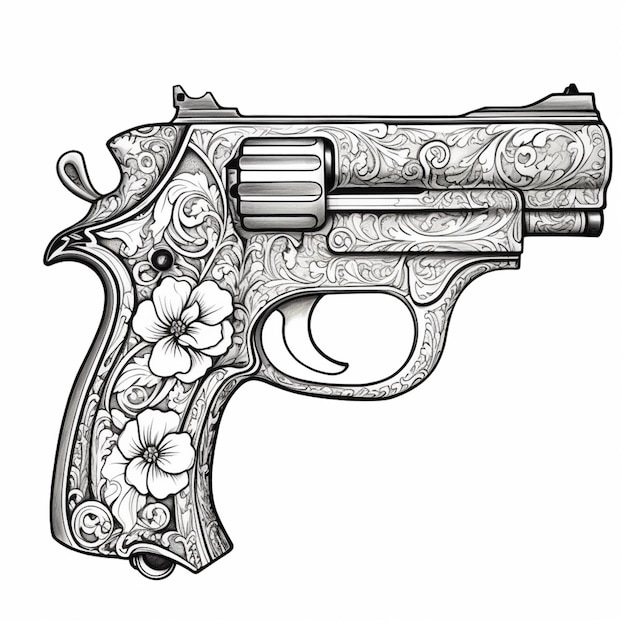 un dessin d'un revolver avec des fleurs dessus