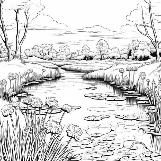 Photo un dessin d'une rivière avec des lilas et des arbres génératifs ai