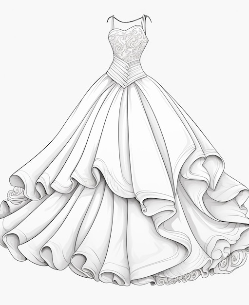 un dessin d'une robe de mariée avec un train et un train ai génératif