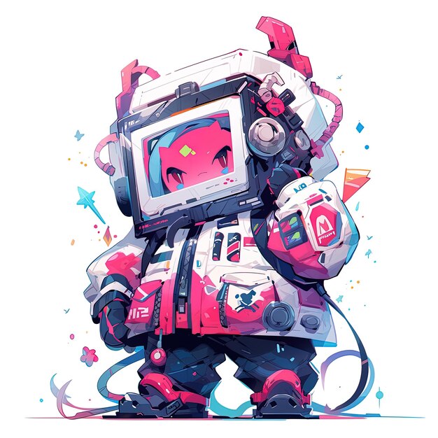 Photo un dessin d'un robot avec un logo rouge et blanc dessus