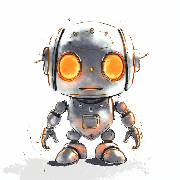 un dessin d'un robot avec des yeux orange et un bandeau.