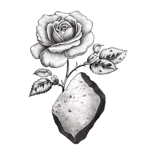 Dessin d'un rocher et d'une rose sur un fond blanc