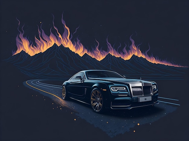 Un dessin d'une rolls royce sur un fond de montagne