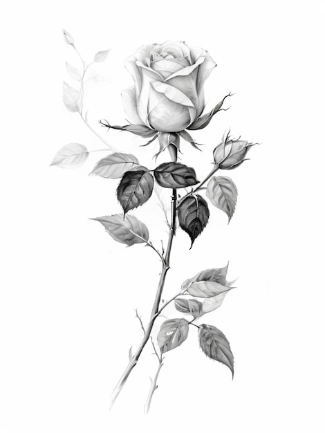 un dessin d'une rose blanche avec des feuilles et des feuilles