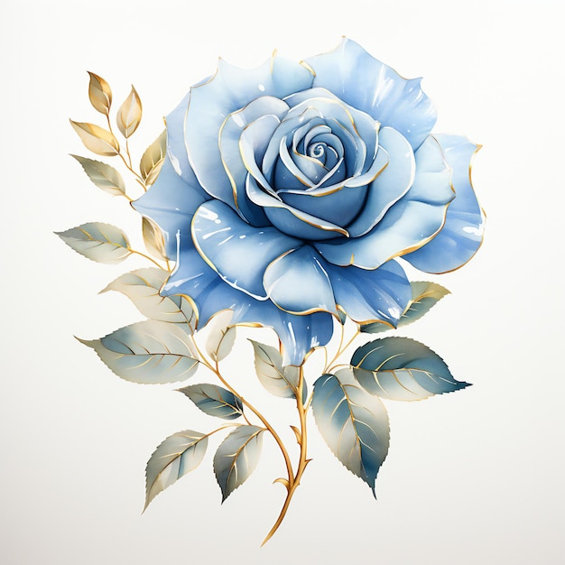 un dessin d'une rose bleue avec des feuilles et des branches.