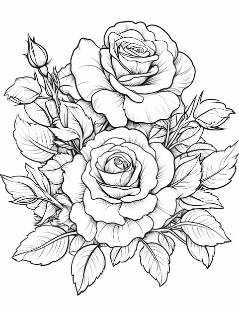 un dessin d'une rose avec des feuilles et des fleurs ai générative