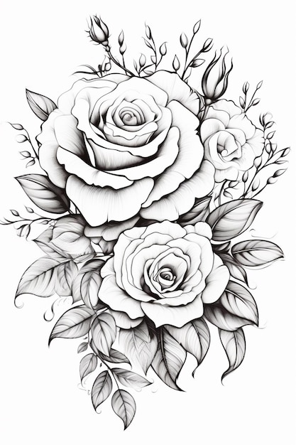 Un dessin d'une rose avec des feuilles et des fleurs sur elle générative ai