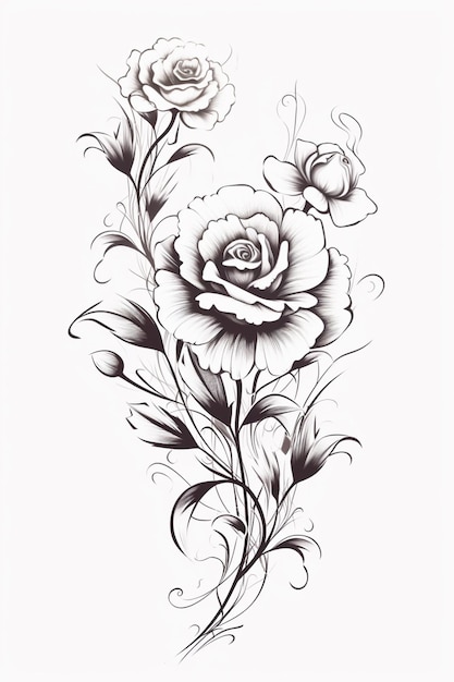 Photo un dessin d'une rose avec des feuilles et des fleurs sur fond blanc ai générative