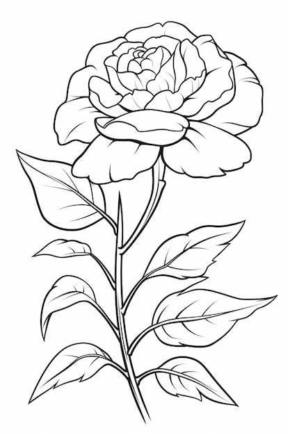 un dessin d'une rose avec des feuilles sur fond blanc ai générative