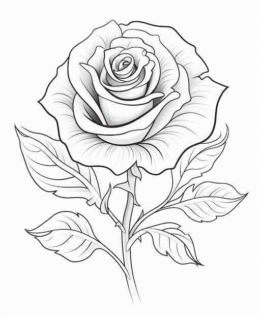 un dessin d'une rose avec des feuilles sur fond blanc ai générative