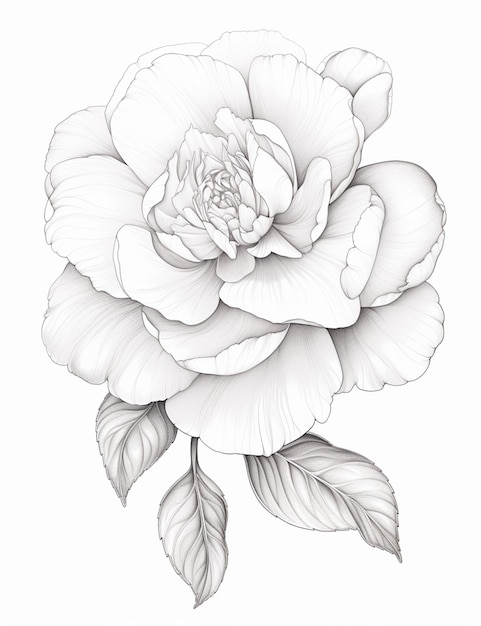 un dessin d'une rose avec des feuilles sur un fond blanc