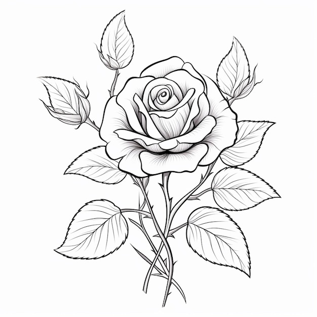 un dessin d'une rose avec des feuilles sur un fond blanc