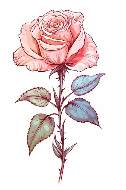 dessin d'une rose avec des feuilles et une tige IA générative