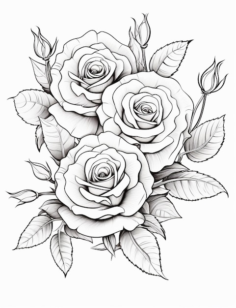 un dessin de roses avec des feuilles sur fond blanc ai générative