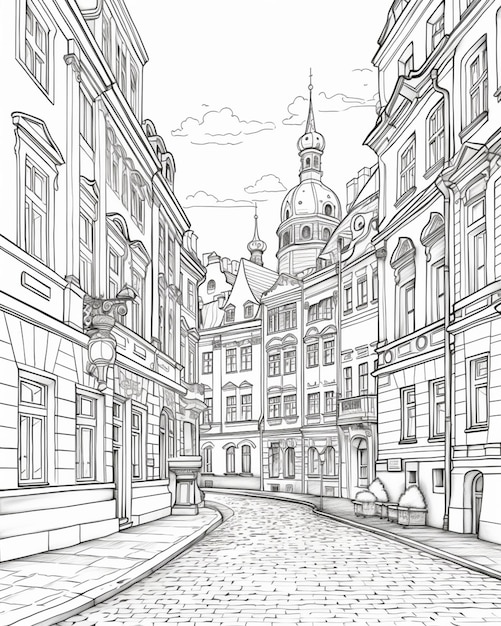 un dessin d'une rue avec des bâtiments et une tour d'horloge