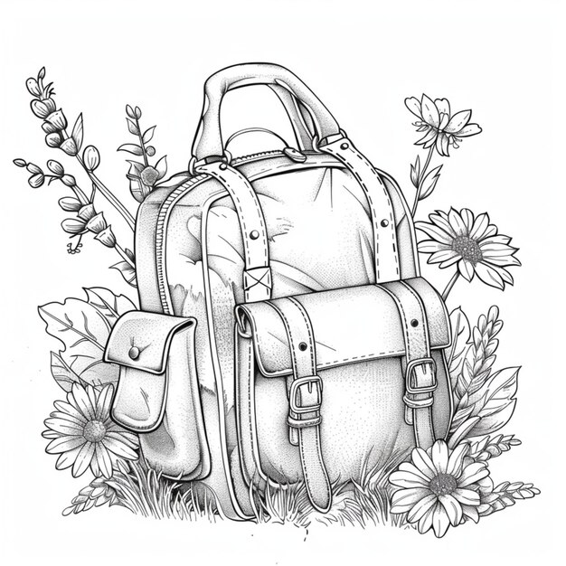 Photo un dessin d'un sac à dos avec des fleurs et de l'herbe