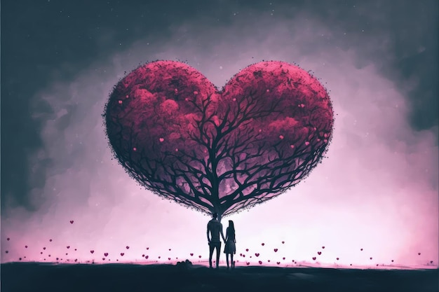 Dessin de la Saint-Valentin d'un couple par un arbre en forme de coeur Concept fantastique Peinture d'illustration AI générative