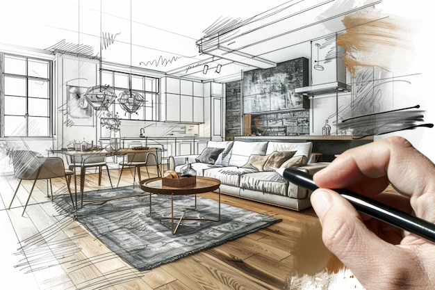 un dessin d'un salon avec une main tenant un stylo