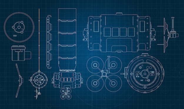 Dessin d'un satellite spatial et de ses parties sur un substrat bleu millimétrique