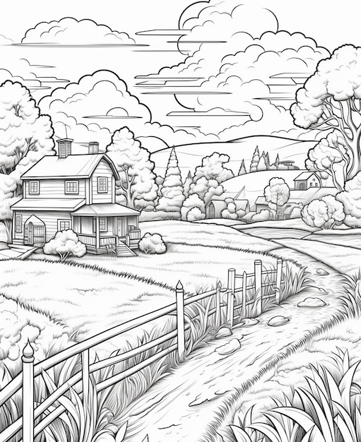Un dessin d'une scène de ferme avec une clôture et une maison générative ai