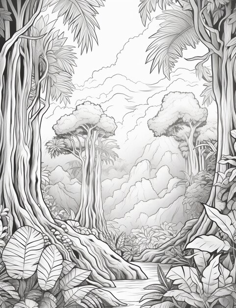 un dessin d'une scène forestière avec des arbres et des rochers