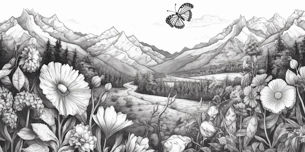 Un dessin d'une scène de montagne avec un papillon volant au-dessus des fleurs