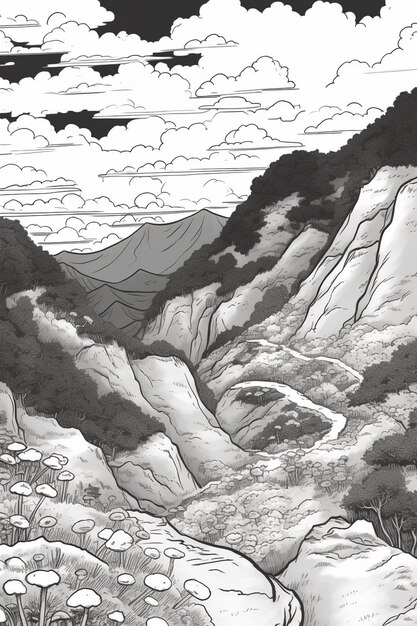 Photo un dessin d'une scène de montagne avec une rivière et des arbres ai génératif