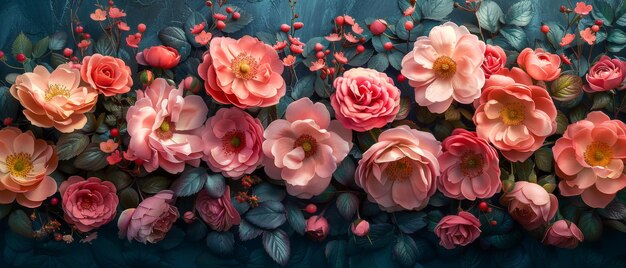 Le dessin de la scène de la photo de mariage est composé de roses roses et de roses de chien.