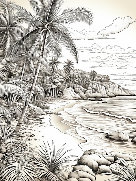 Photo dessin d'une scène de plage tropicale avec des palmiers et des rochers