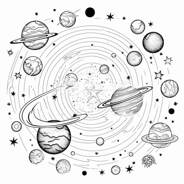 un dessin d'une scène spatiale avec des planètes et des étoiles génératives ai