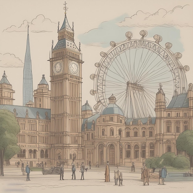 Photo un dessin d'une scène de la ville de londres avec une roue de ferris et une roule de ferris