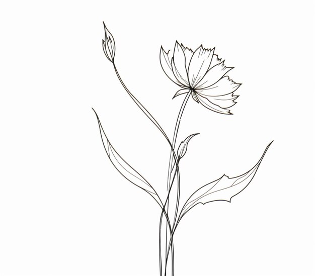 dessin d'une seule fleur avec des feuilles sur fond blanc ai générative