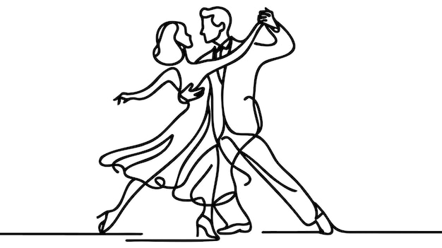 Un dessin d'une seule ligne d'un homme et d'une femme mariés heureux et mignons dansant sur le sol à une fête.