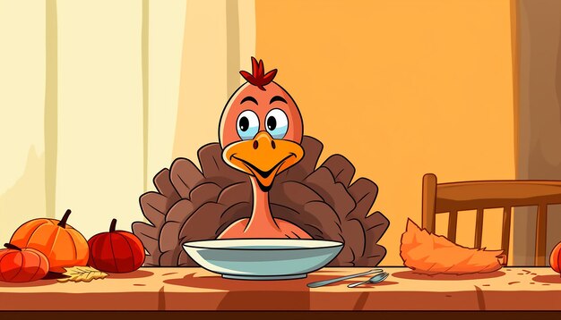 un dessin simple et mignon d'une dinde assise lors d'un dîner de Thanksgiving