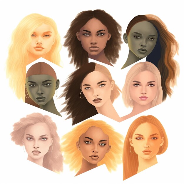 Photo un dessin de six femmes avec des couleurs de cheveux différentes et le mot « en haut ».