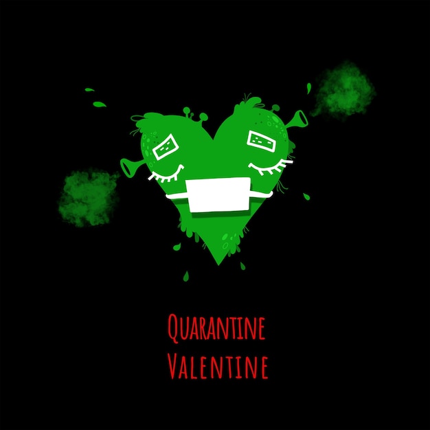 Dessin de slime coeur vert dans un masque médical de protection, concept de la Saint-Valentin.