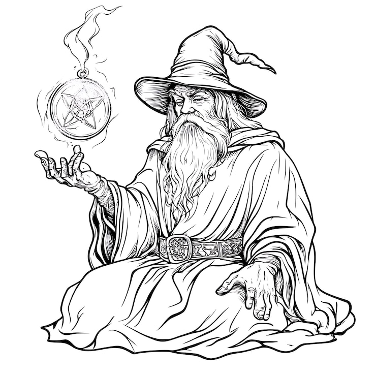 Photo un dessin d'un sorcier avec une baguette et une boule de verre