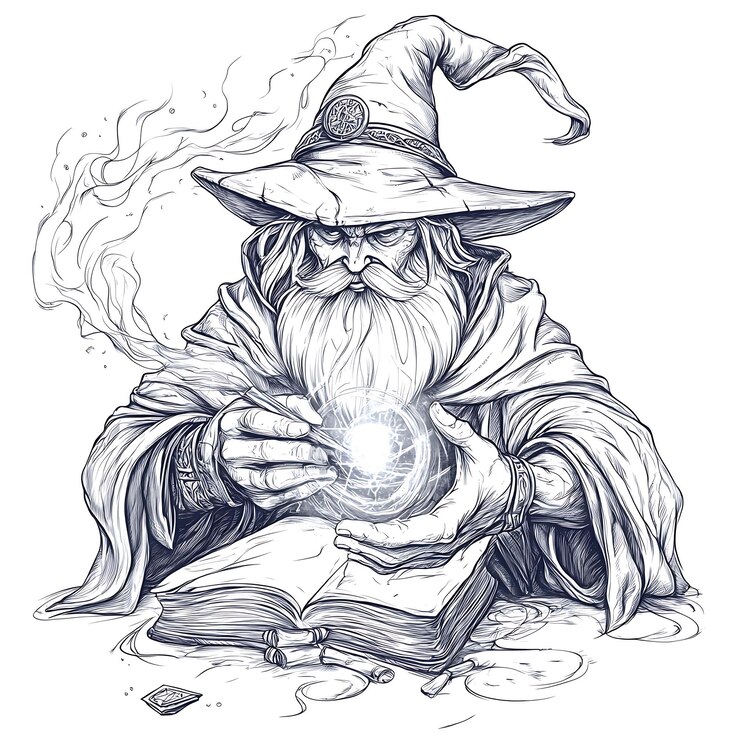 Photo un dessin d'un sorcier tenant une boule de cristal et un livre